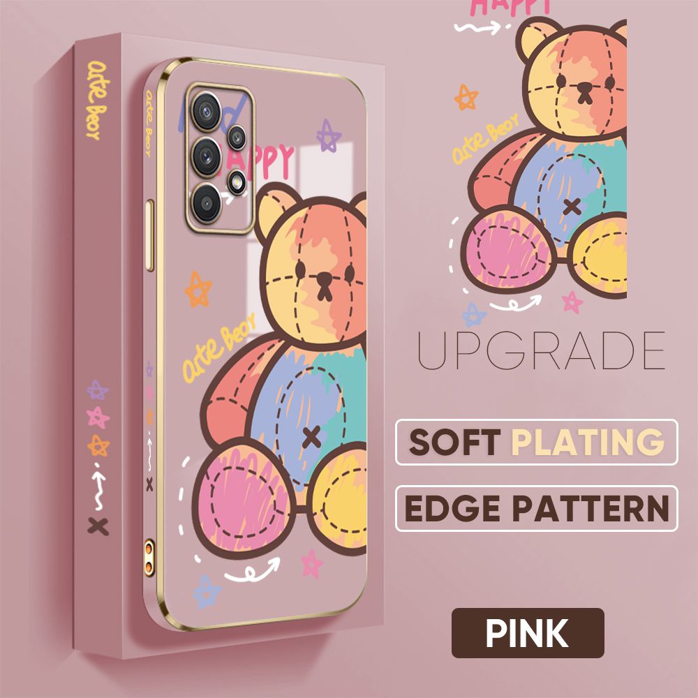 Jizetin (Free Lanyard) Samsung A32 Cover Color Doll Luxury 6D Plating Soft Casing Silicone Square Frame Phone Case Shiny Bling Back Cover