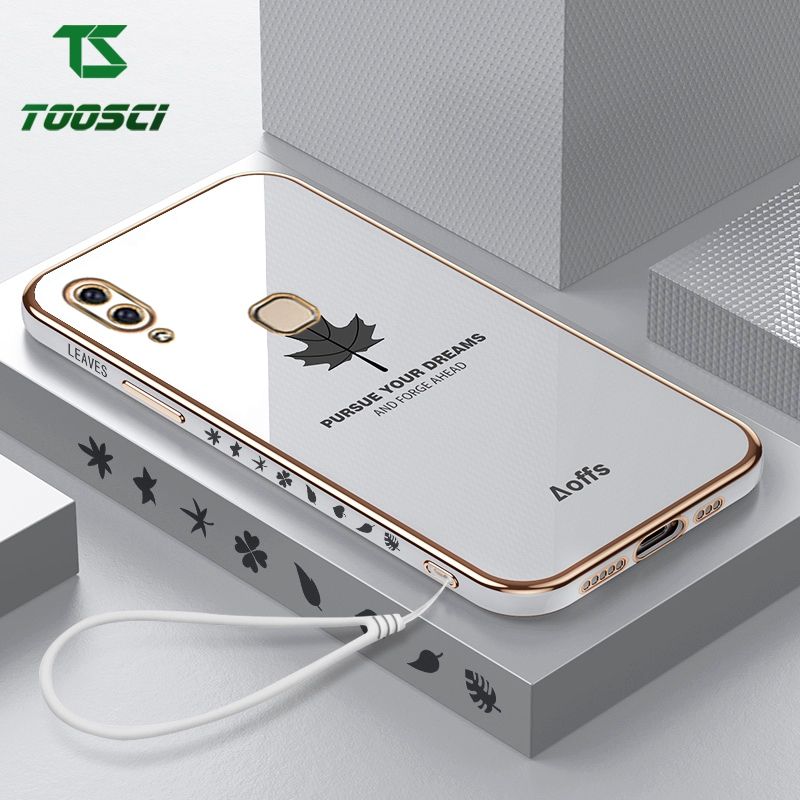 Toosci Maple Leaf Phone Case For VIVO Y85/V9 Luxury Chrome Gold Plated Soft TPU Square Case + Lanyard