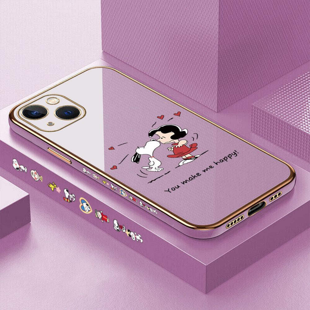 Luxury 6D Plating Case for iPhone 13 Happy Cartoon Puppy Side Pattern Back Cover Soft Silicone Square Frame Shiny Bling Phone Cases + Free Lanyard