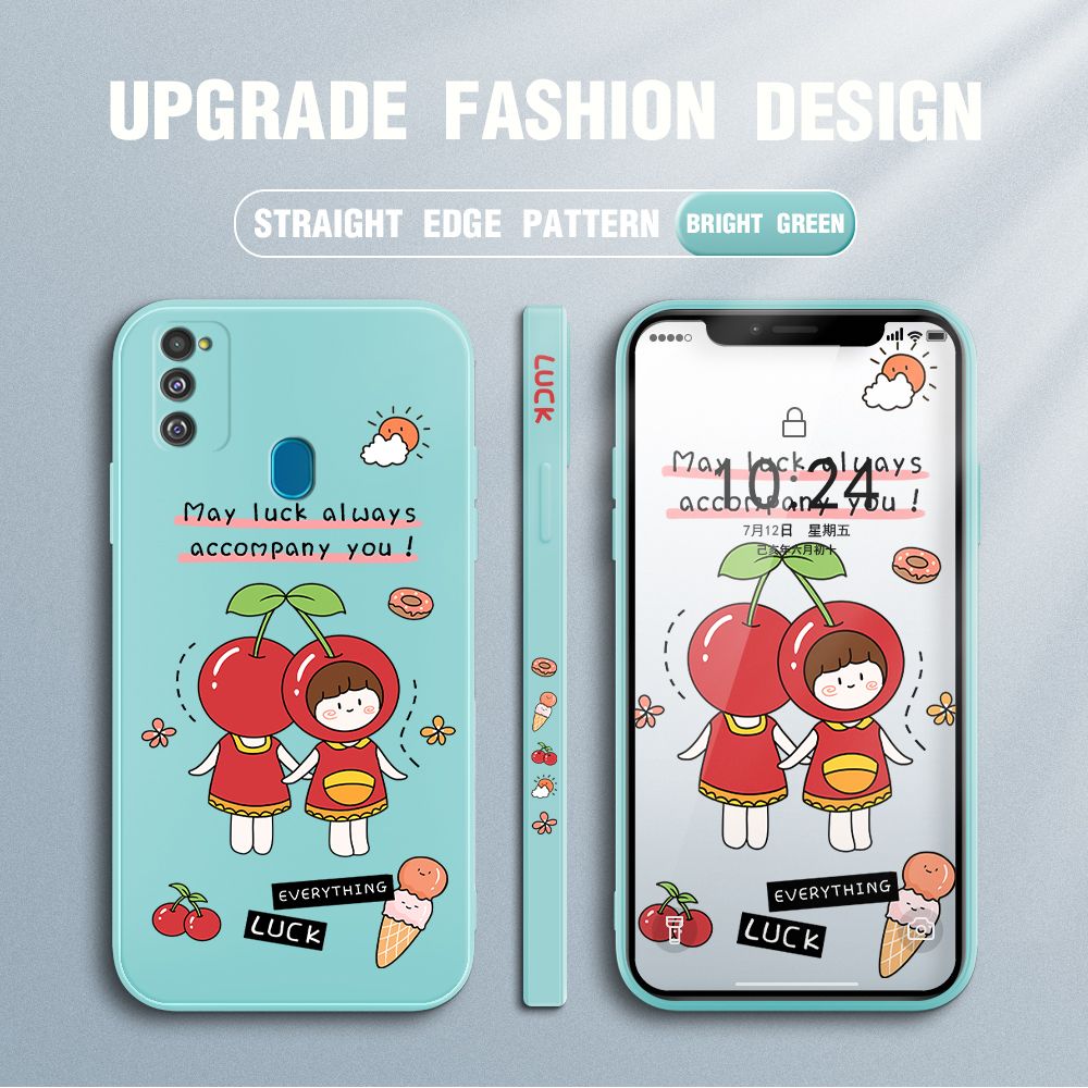 Jizetin for Samsung Galaxy M21 / M30S Case Fashion Cherry Girl Design Side Design Phone Case Square Edge Pattern Liquid Silicone Cases Full Cover Camera Shockproof Protective Case