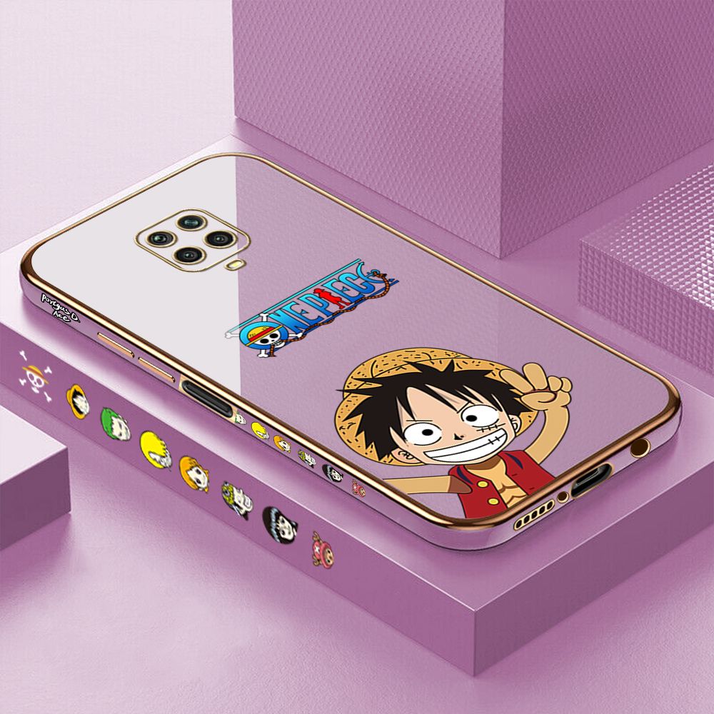 Luxury 6D Plating Case for Xiaomi Redmi Note 9 Pro Max Happy Luffy Side Pattern Back Cover Soft Silicone Square Phone Cases + Free Lanyard