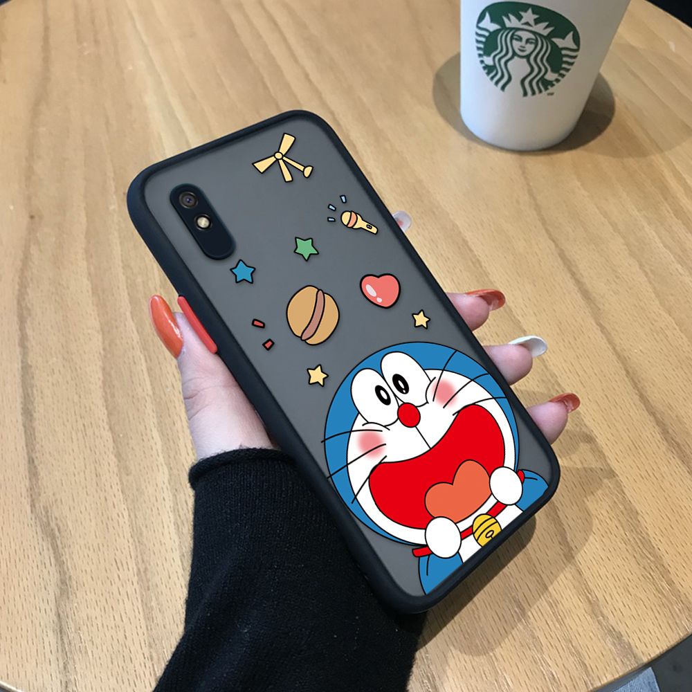 UCUC for Redmi 9A Back Cover Laugh Doraemon Frosted Transparent Hard Phone Case Thin Shockproof Full Cover Camera Protect Case