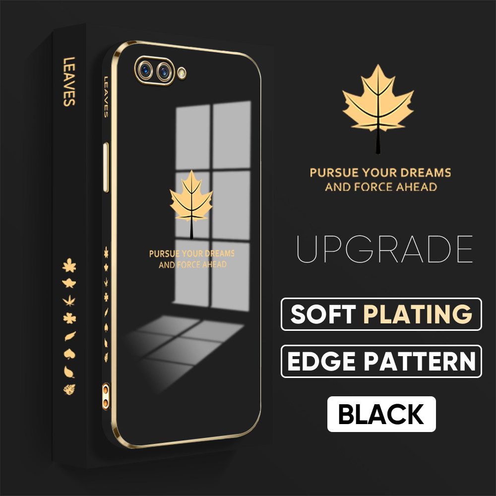 Jizetin (Free Lanyard) OPPO A3S / A12E / Realme C1 Luxury 6D Plating Soft Casing Silicone Square Frame Phone Case Shiny Bling Back Cover Maple leaf New design Side Drawing Case