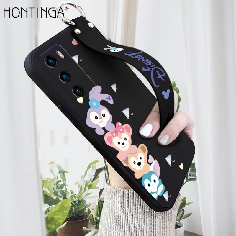 Hontinga for Huawei P40 Wrist Strap Case INS Cute Style Creative Cartoon Rabbit and Fox Cover Thin Square Edge Liquid Silicone Phone Case