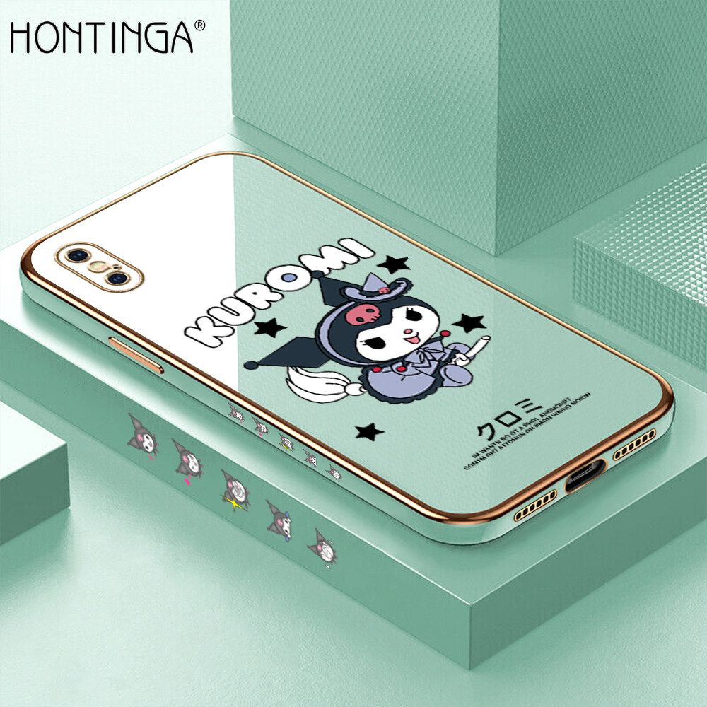 Hontinga for iPhone X / XS Back Cover + Free Lanyard Luxury 6D Plating Cartoon Anime Characters Side Pattern Case Soft Silicone Square Mobile Cover