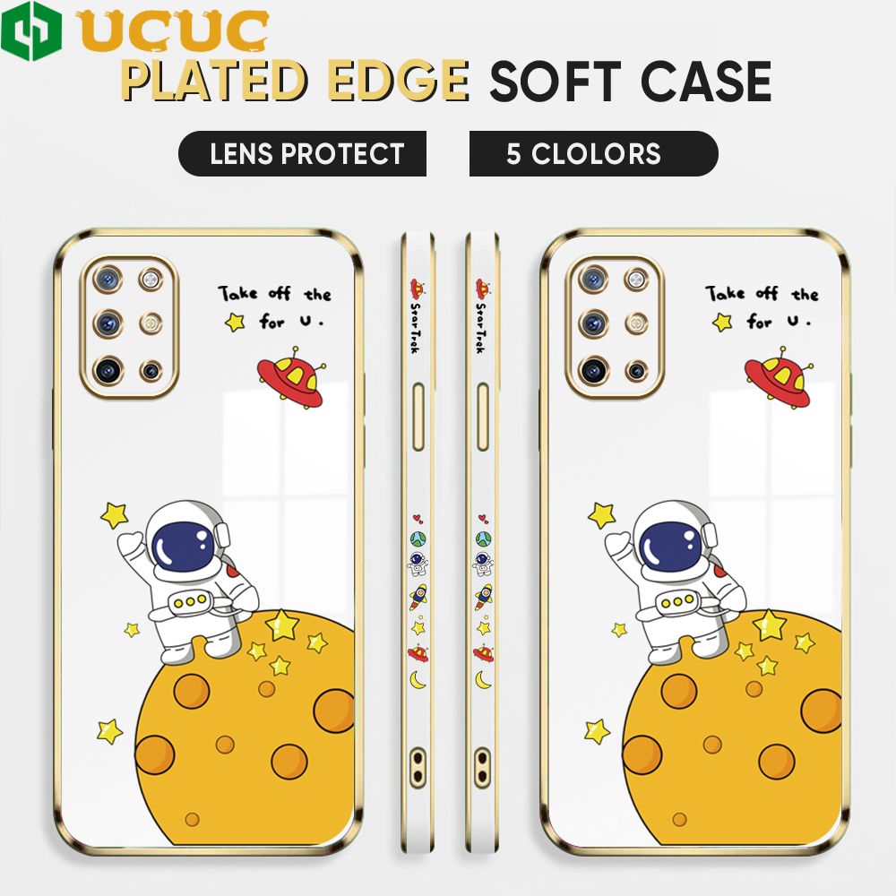 UCUC for OnePlus 8T Cover Astronaut Planet Luxury 6D Plating Soft Casing Silicone Square Frame Phone Case Shiny Bling Back Cover + Free Lanyard