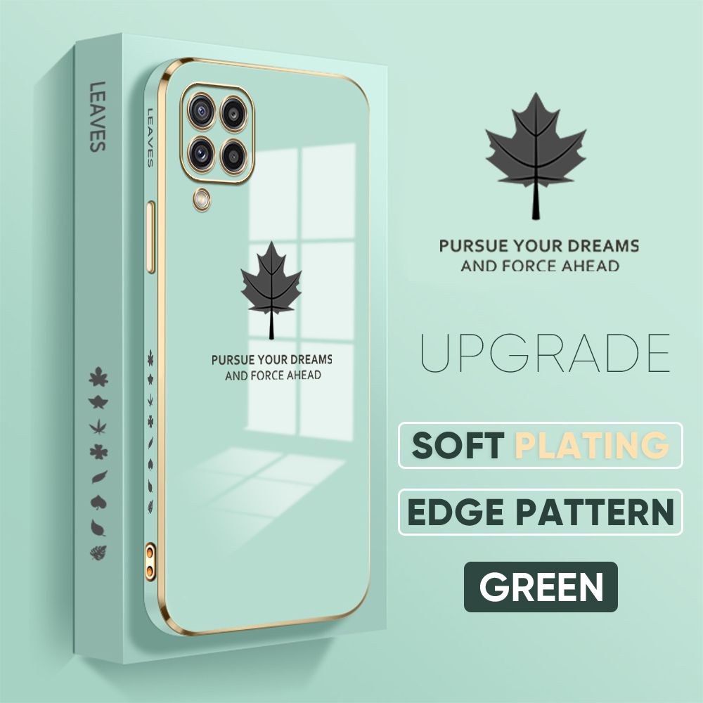 Jizetin (Free Lanyard) Samsung M32 Back Cover Maple Leaf Luxury 6D Plating Case Side Pattern Soft Silicone Square Phone Cases