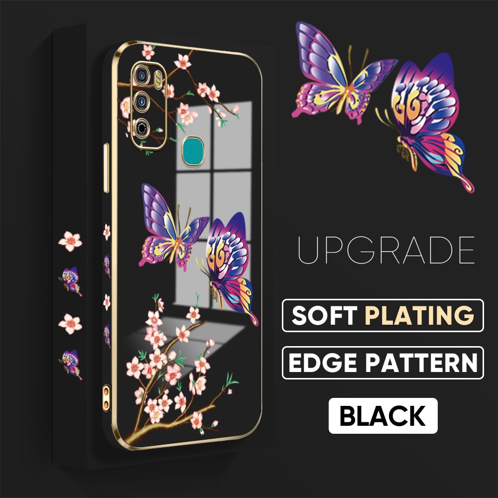 Jizetin (Free Lanyard) Infinix Hot 9 Play Back Cover Peach Blossom and Butterfly Luxury 6D Plating Case Side Pattern Soft Silicone Square Mobile Phone Cases