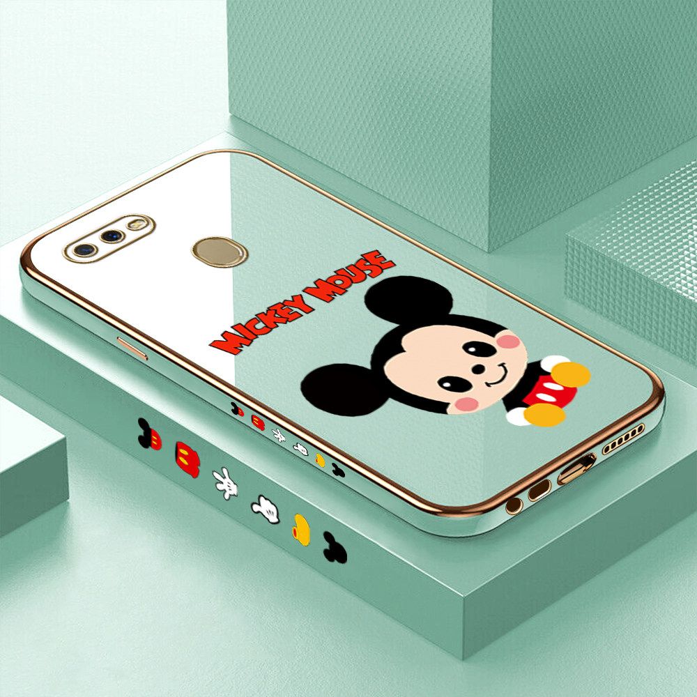 Luxury 6D Plating Case for OPPO A12 Cute Cartoon Mouse Side Pattern Back Cover Soft Silicone Square Frame Shiny Bling Phone Cases + Free Lanyard
