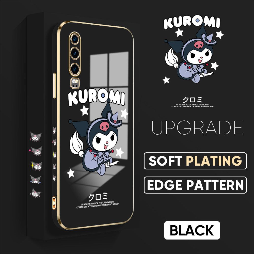 TA for Huawei P30 Back Cover + Free Lanyard Cute Kuromi Luxury 6D Plating Case Side Pattern Soft Silicone Square Phone Cases