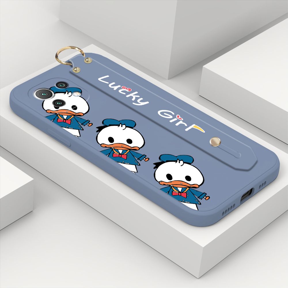 ZeroQiQi for Xiaomi Mi 11 Lite 5G NE Wrist Strap Case Cute Cartoon Little Duck Phone Case Square Edge Liquid Silicone Case Full Cover Camera Shockproof Protective Cases