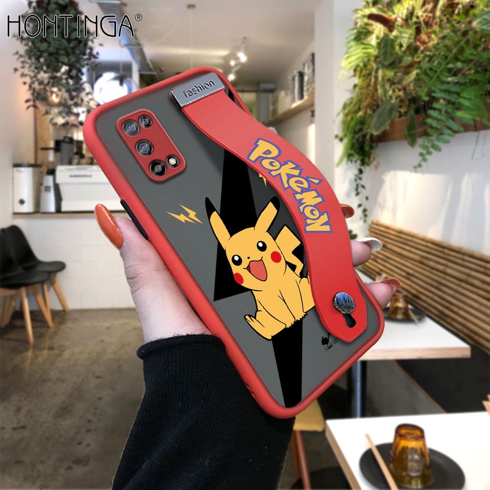 Hontinga for Realme 7 5G Back Cover With Wristband Cartoon Pikachu Phone Casee Full Lens Protection Thin Frosted Cases