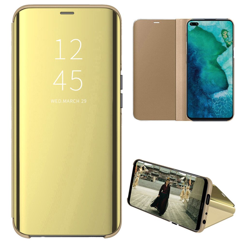 For Huawei Honor V30 Mirror Plating Hard PC -PU Leather Translucent Standing View Case Cover