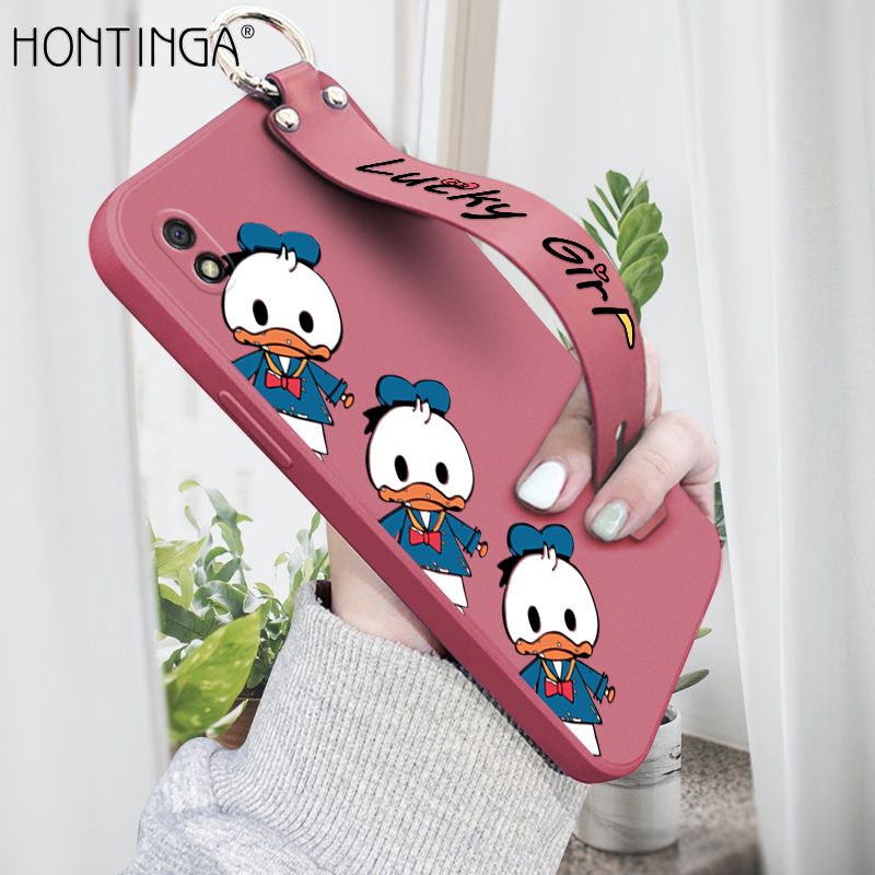 Hontinga for Xiaomi Redmi 9A Wrist Strap Case Cute Cartoon Little Duck Phone Case Square Edge Liquid Silicone Case Full Cover Camera Shockproof Protective Cases
