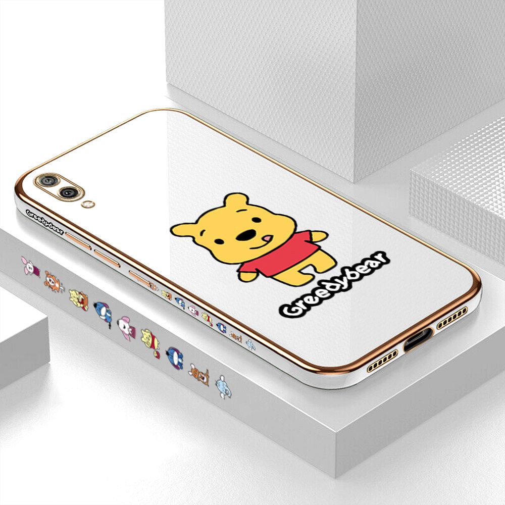 Luxury 6D Plating Case for Huawei Y7 Pro 2019 Squirming Little Sweet Bear Side Pattern Back Cover Soft Silicone Square Frame Shiny Bling Phone Cases + Free Lanyard
