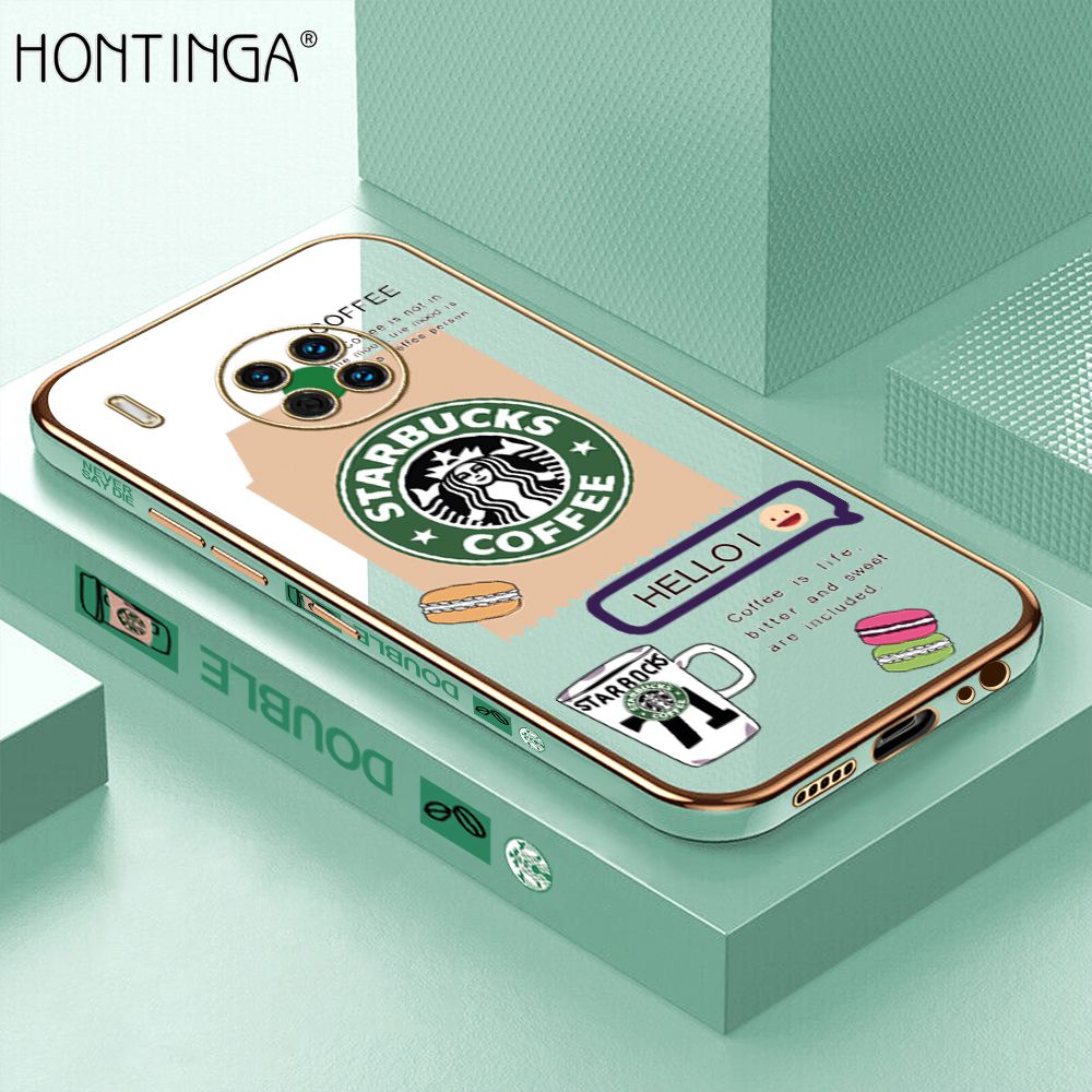 Hontinga for Huawei Mate 30 Back Cover + Free Lanyard Luxury 6D Plating Fashion Coffee Side Pattern Case Soft Silicone Square Phone Cases