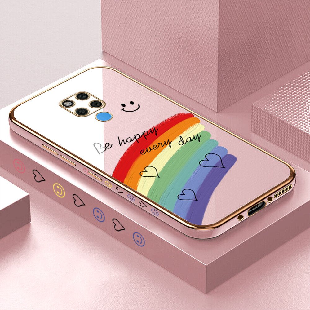 Luxury 6D Plating Case for Huawei Mate 20 X Smile Rainbow Lover Heart Side Pattern Back Cover Soft Silicone Square Frame Shiny Bling Phone Cases + Free Lanyard