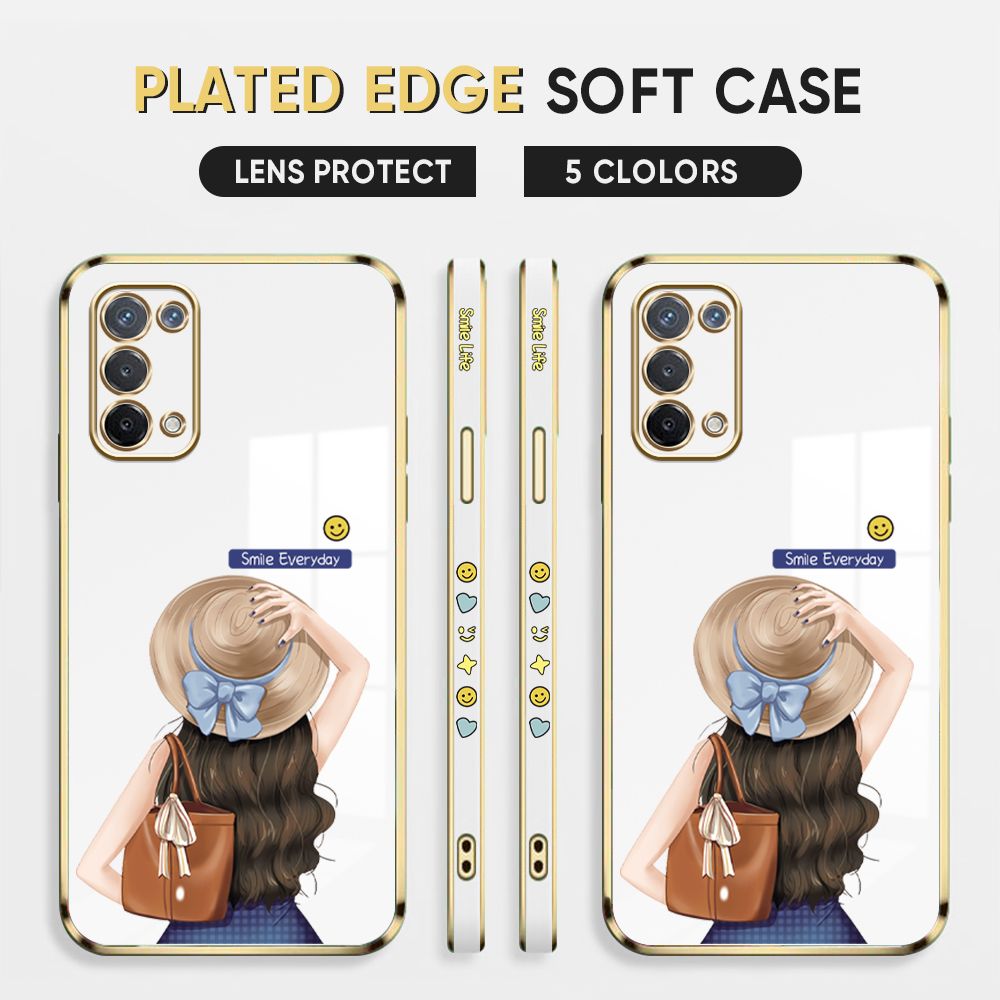 Luxury 6D Plating Case for OPPO A74 5G Back Cover Cartoon Hat Girl Side Pattern Soft Silicone Square Phone Cases
