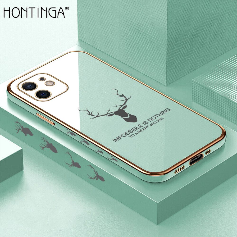 Hontinga for iPhone 12 Mini Back Cover + Free Lanyard Luxury 6D Plating Cartoon Lucky Side Pattern Case Soft Silicone Square Phone Cases