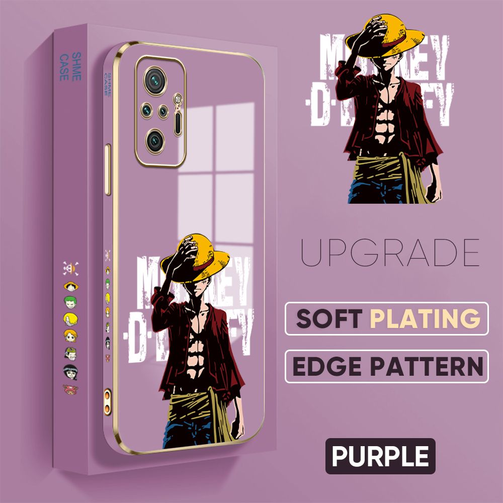 TA for Redmi Note 10 Pro Back Cover + Free Lanyard Handsome Luffy Luxury 6D Plating Case Side Pattern Soft Silicone Square Phone Cases
