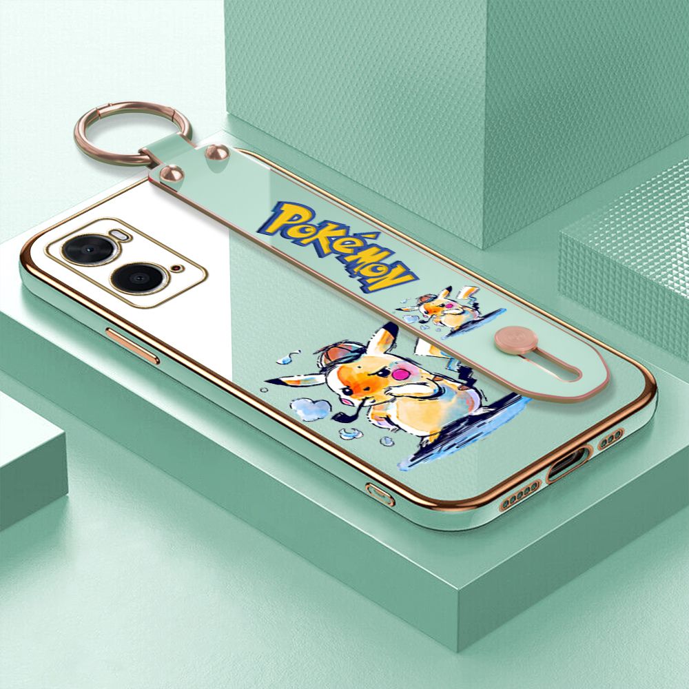 UCUC for OPPO A36 / A76 Wrist Strap Back Cover + Free Lanyard Pikachu Fashion Luxury 6D Plating Soft Casing Silicone Square Frame Phone Case