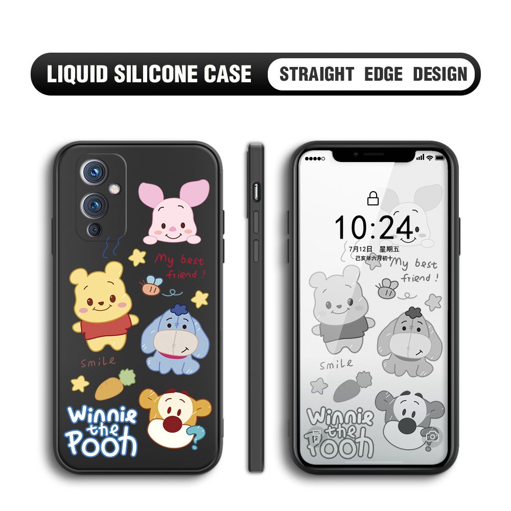 BILI for OnePlus 9 Back Cover Cute Winne Friends Multicolor Liquid Silicone Phone Case Soft Square Lens Protection Phone Cases