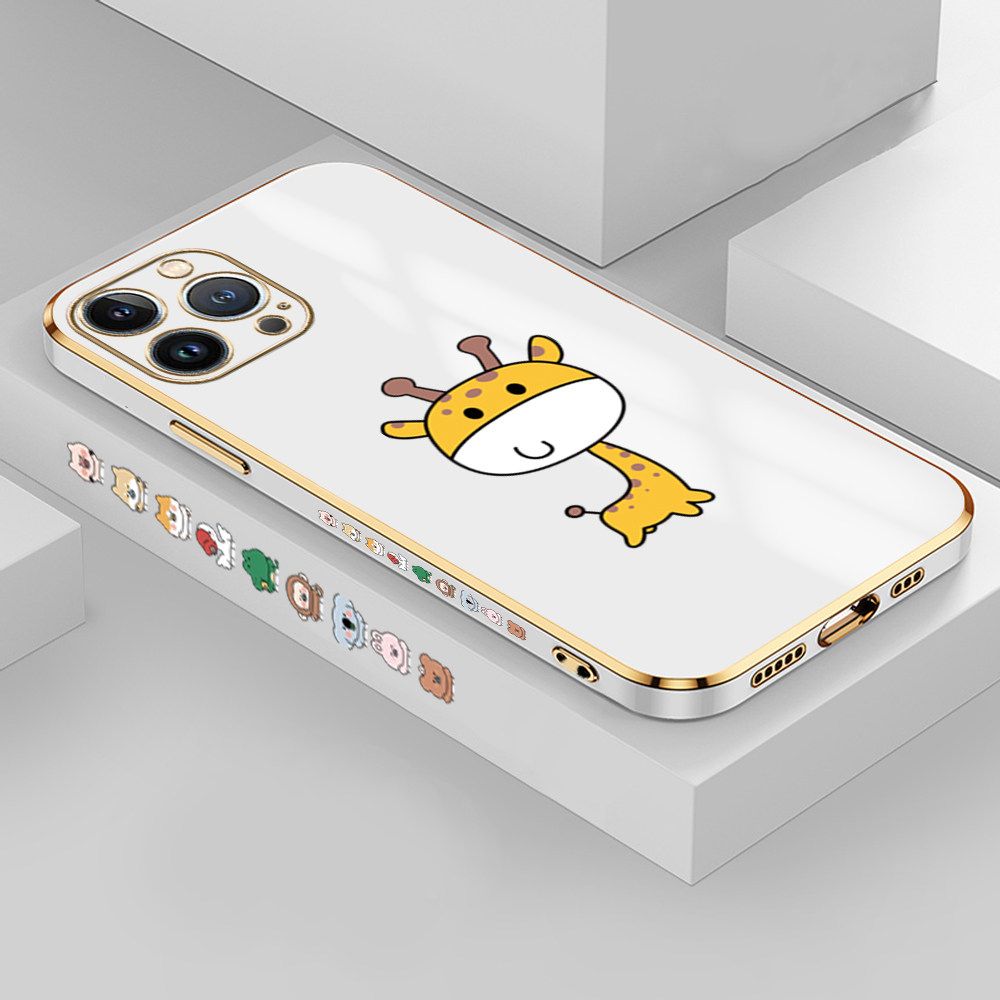 Jizetin (Free Lanyard) iPhone 13 Pro Case Cute Cartoon Big Head Giraffe Luxury 6D Plating Soft Casing Silicone Ultra Thin Phone Cover