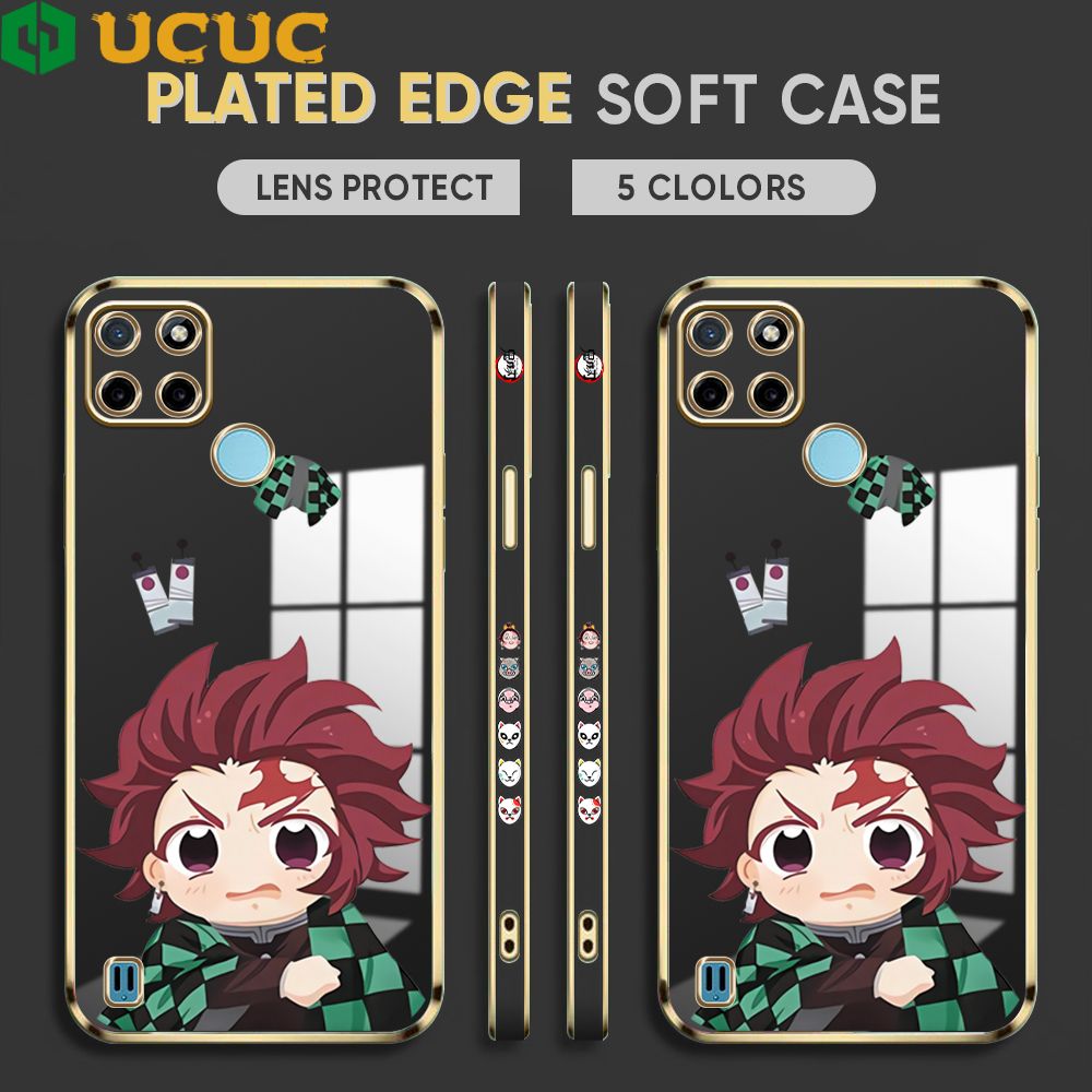 UCUC for Realme C25Y Cover Wronged Tanjiro Luxury 6D Plating Soft Casing Silicone Square Frame Phone Case Shiny Bling Back Cover + Free Lanyard