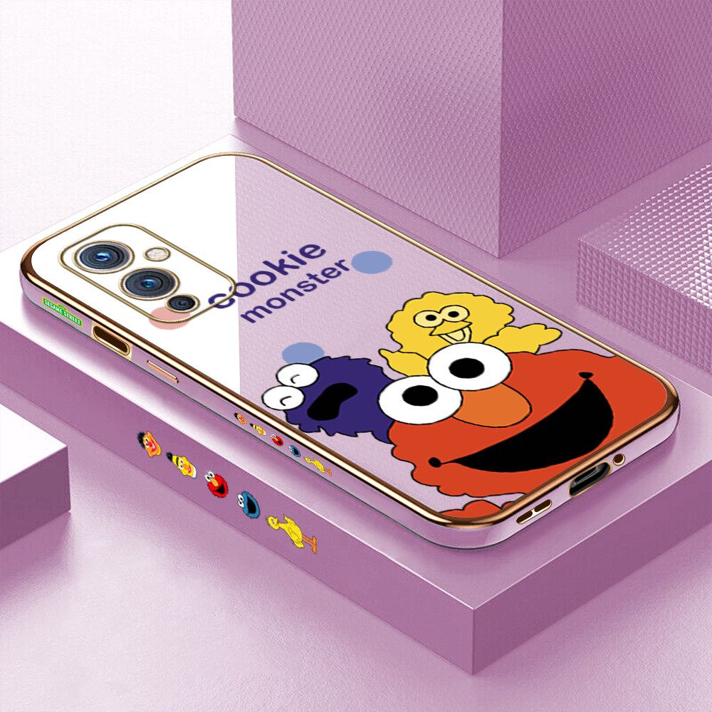 Luxury 6D Plating Case for OnePlus 9 Color Cute Cartoon Sesame Monsters Side Pattern Back Cover Soft Silicone Square Frame Shiny Bling Phone Cases + Free Lanyard