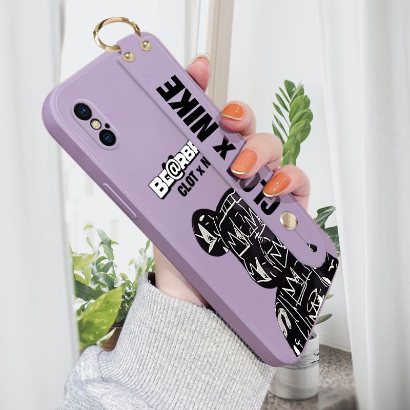 Jizetin for iPhone X Wrist Strap Case Creative Cartoon Black Stitching Bear Cover Ultra Thin Anti Fall Liquid Silicone Phone Case