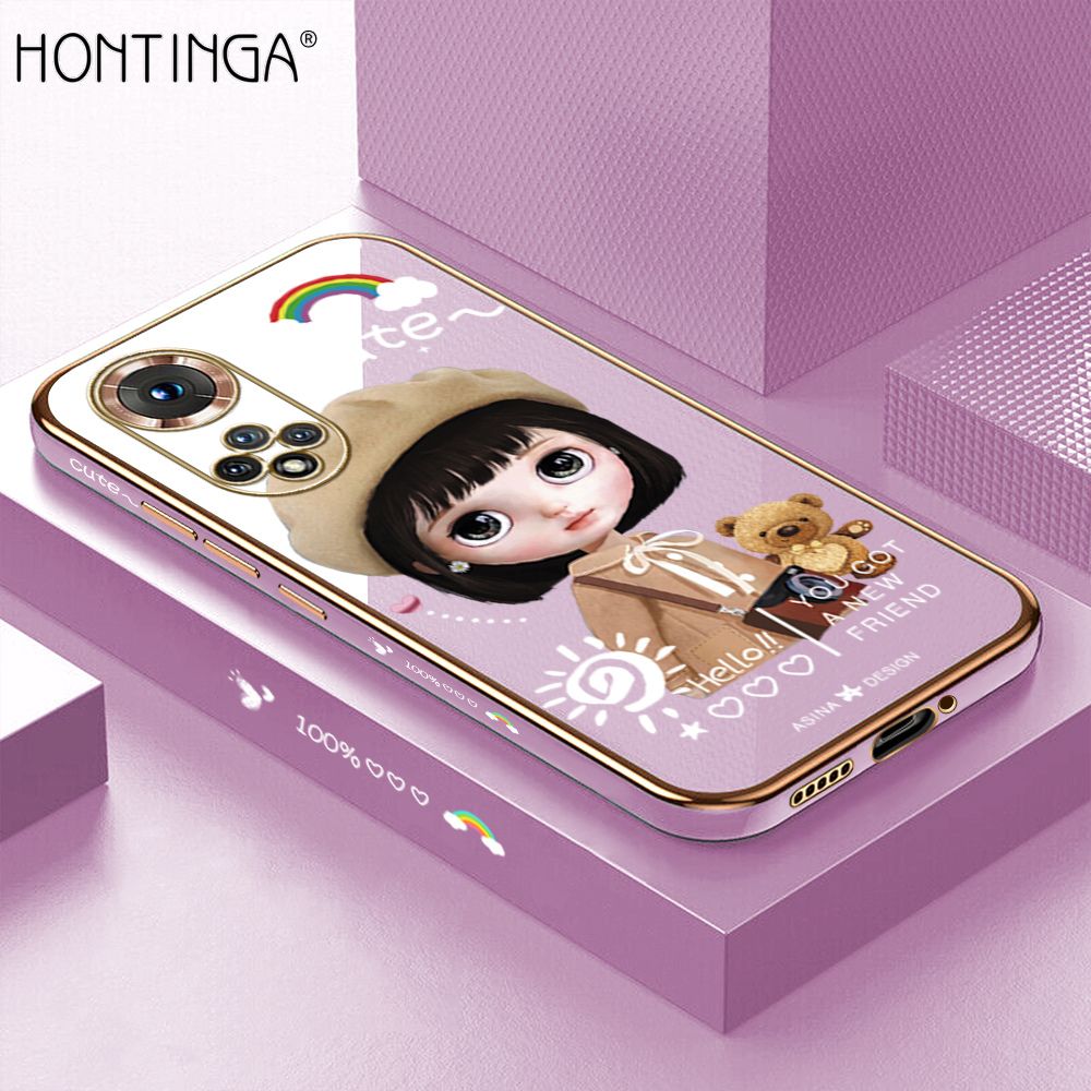 Hontinga for Huawei Nova 9 Back Cover Luxury 6D Plating Cartoon Satchel Girl Side Pattern Case Soft Silicone Square Phone Cases