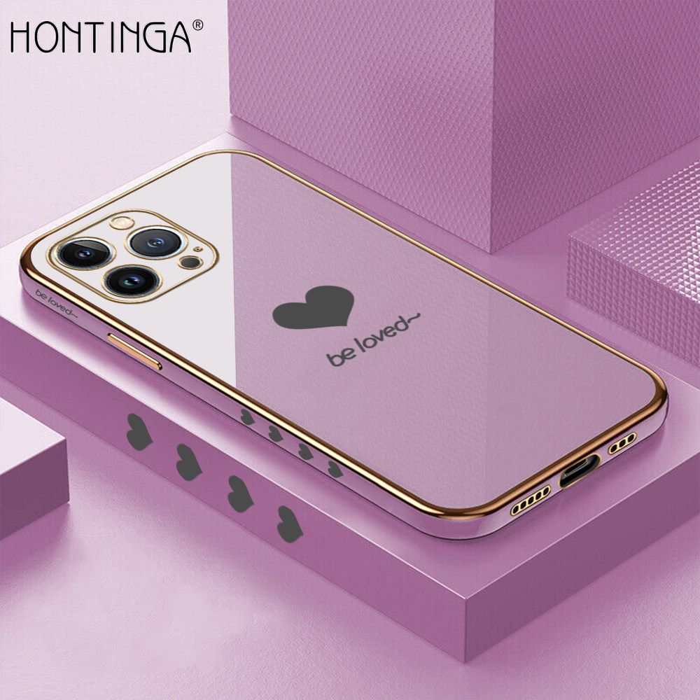 Hontinga for iPhone 13 Pro Back Cover + Free Lanyard Luxury 6D Plating Lover Heart Side Pattern Case Soft Silicone Square Mobile Cover