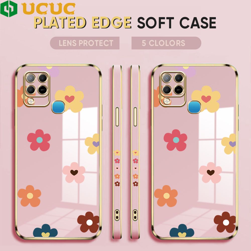 UCUC for Infinix Hot 10S / Hot 10S NFC Back Cover + Free Lanyard INS Style Flower Luxury 6D Plating Case Side Pattern Soft Silicone Square Phone Cases