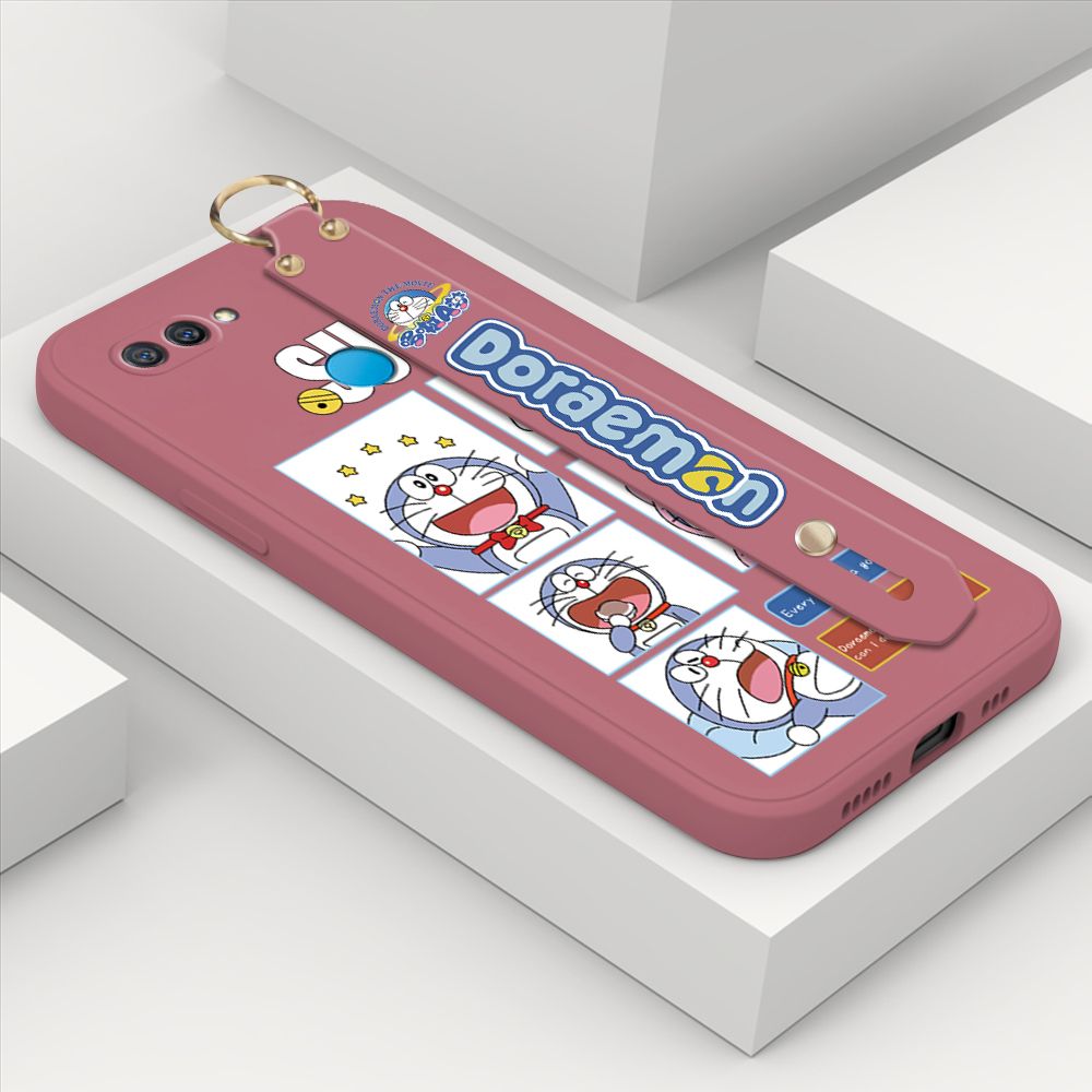 ZeroQiQi for OPPO A12S Wrist Strap Case Cute Cute Cartoon Blue Cat Daily Life Cover Square Edge Liquid Silicone Creative Phone Protective Cases