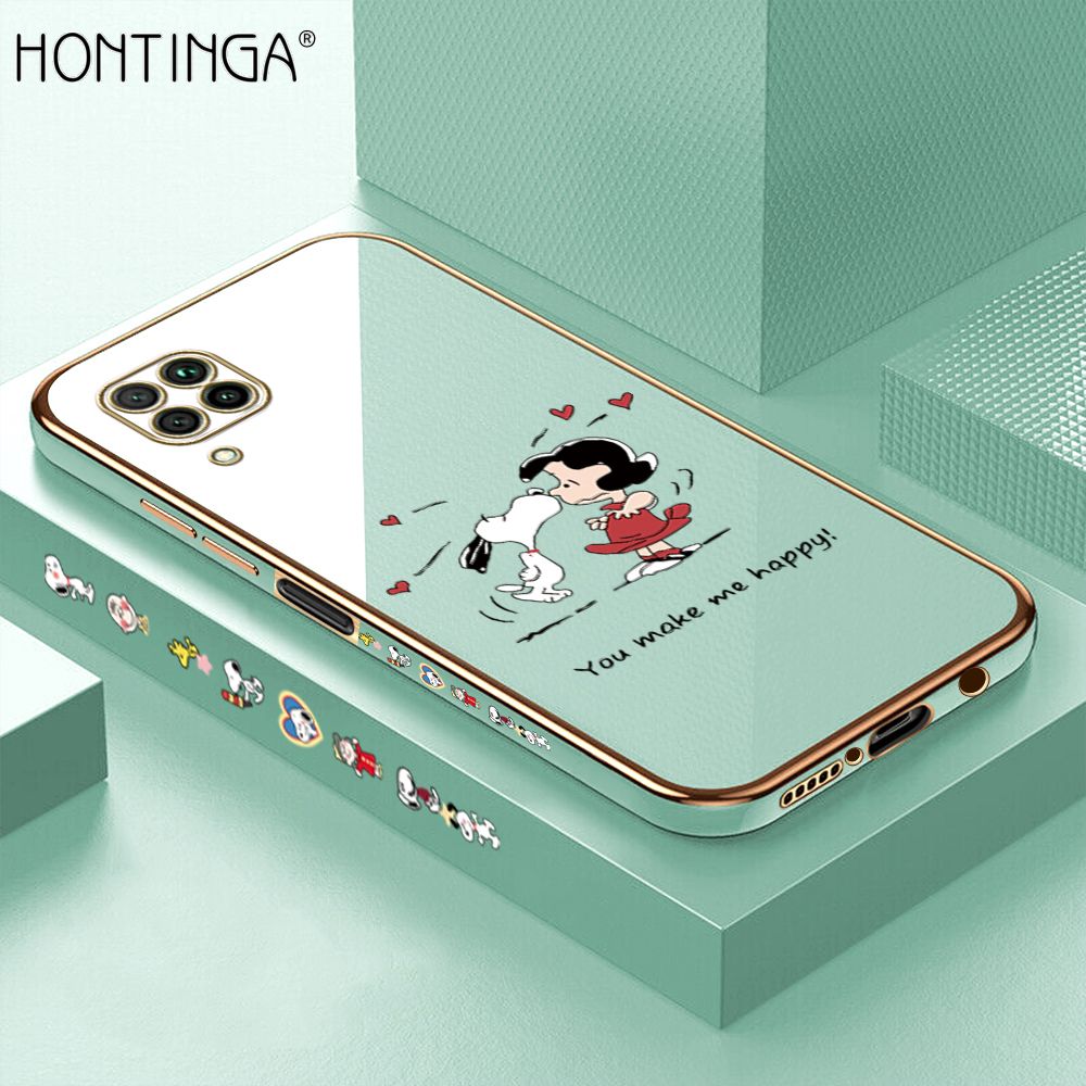Hontinga for Huawei Nova 7I Back Cover + Free Lanyard Luxury 6D Plating Happy Puppy and Girl Side Pattern Case Soft Silicone Square Mobile Cover
