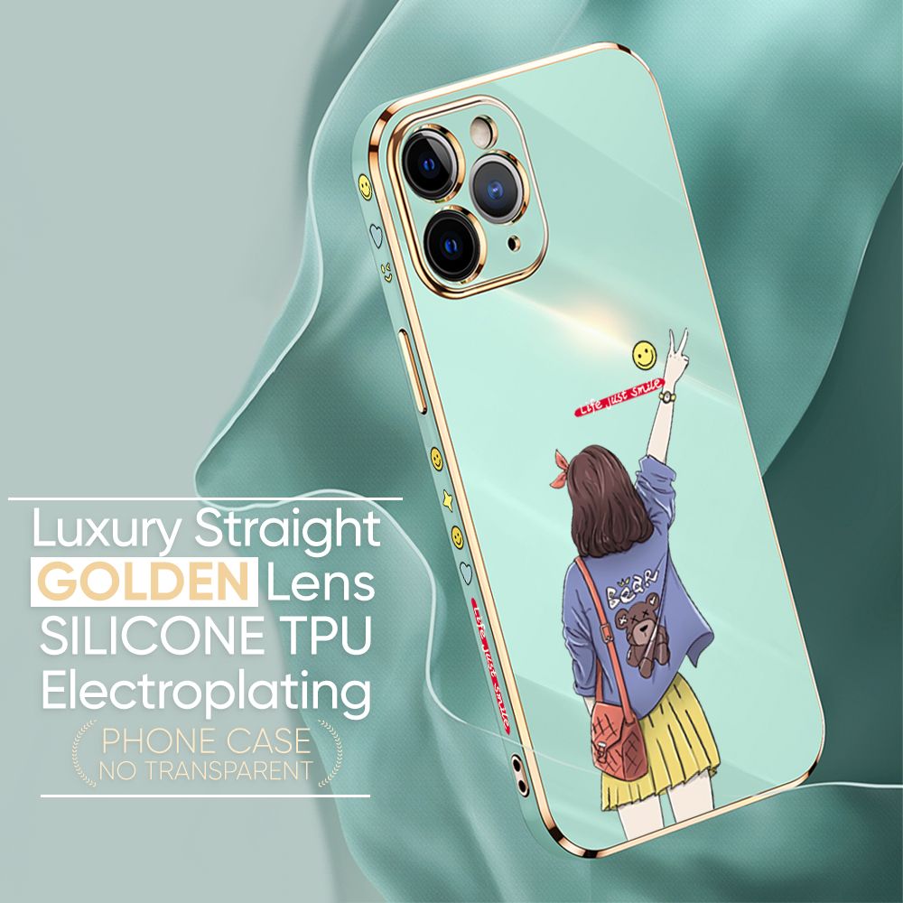 TA for Infinix Hot 11S NFC Back Cover + Free Lanyard Happy Girl Luxury 6D Plating Case Side Pattern Soft Silicone Square Phone Cases