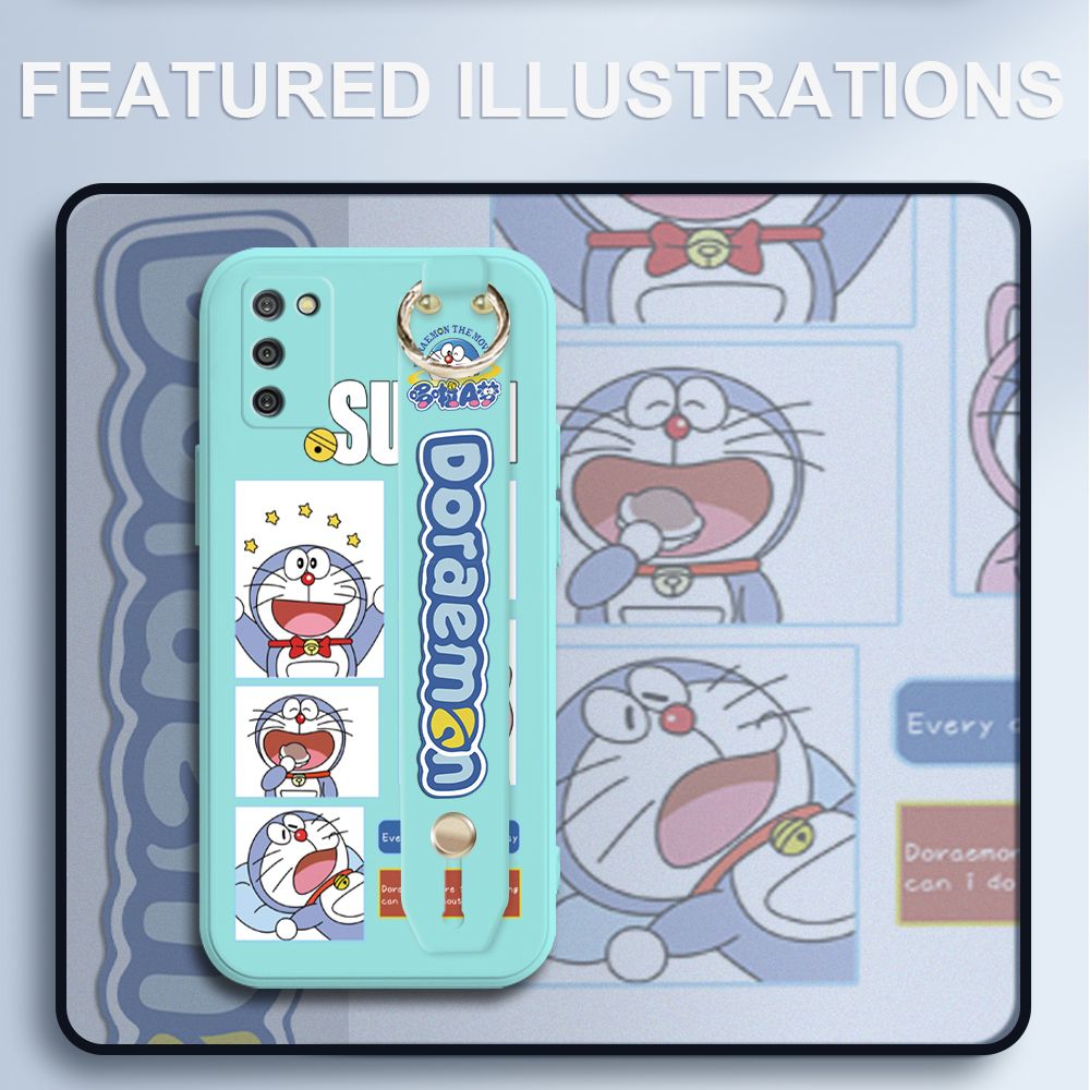 UCUC for Samsung Galaxy A02S Wrist Strap Case Creative Cartoon Doraemon's Daily Life Cover Ultra Thin Anti Fall Liquid Silicone Phone Case