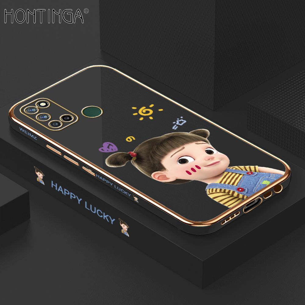 Hontinga for Realme 7I C17 Back Cover + Free Lanyard Luxury 6D Plating Cute Cartoon Happy Girl Side Pattern Case Soft Silicone Square Phone Cases