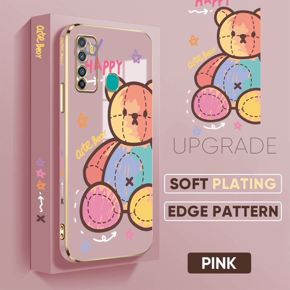 Jizetin (Free Lanyard) Infinix Hot 9 Back Cover Color Bear Luxury 6D Plating Case Side Pattern Soft Silicone Square Phone Cases