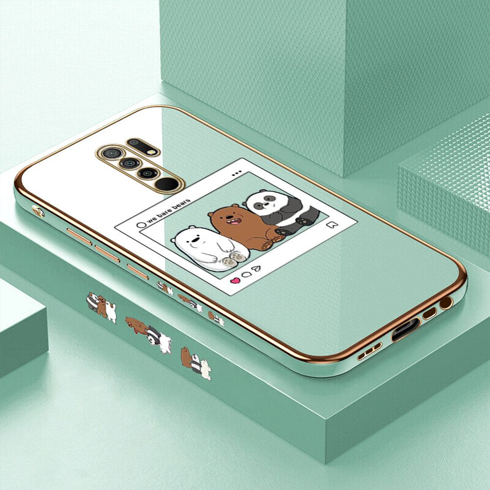 Luxury 6D Plating Case for Redmi 9 Cute Cartoon Anime Bears Side Pattern Back Cover Soft Silicone Square Frame Shiny Bling Phone Cases + Free Lanyard