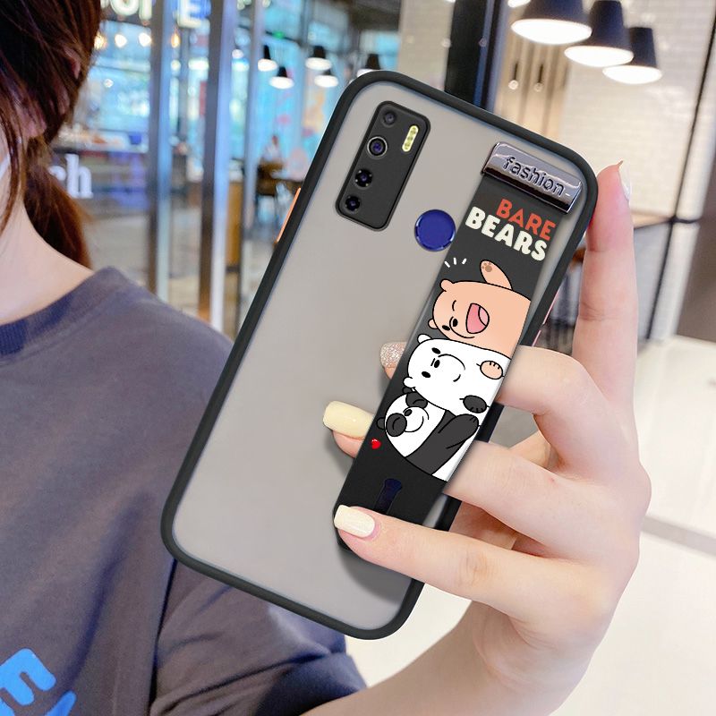 UCUC for Tecno Camon 15 Wrist Strap Case Cute Cartoon Three Little Bears Wristband Printing Cover Shockproof Frosted Phone Case