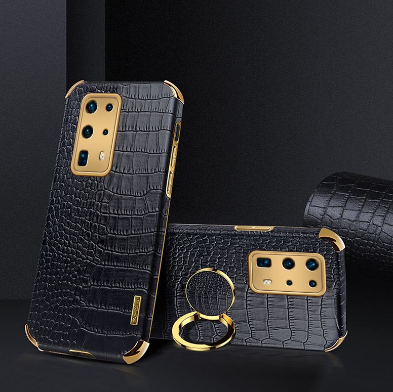 Luxury Plated Crocodile Pattern Leather Holder Phone Case For Huawei P40 Pro+ / Huawei P40 Pro Plus Magentic Car Ring Stand Cover