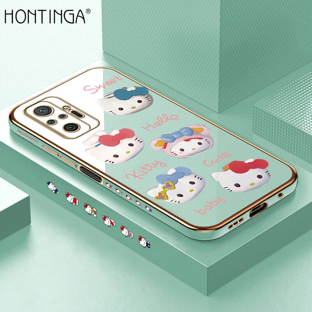 Hontinga for Redmi Note 10 Pro/Note 10 Pro Max Back Cover + Free Lanyard Luxury 6D Plating Cartoon Cute Kitty Side Pattern Case Soft Silicone Square Phone Cases