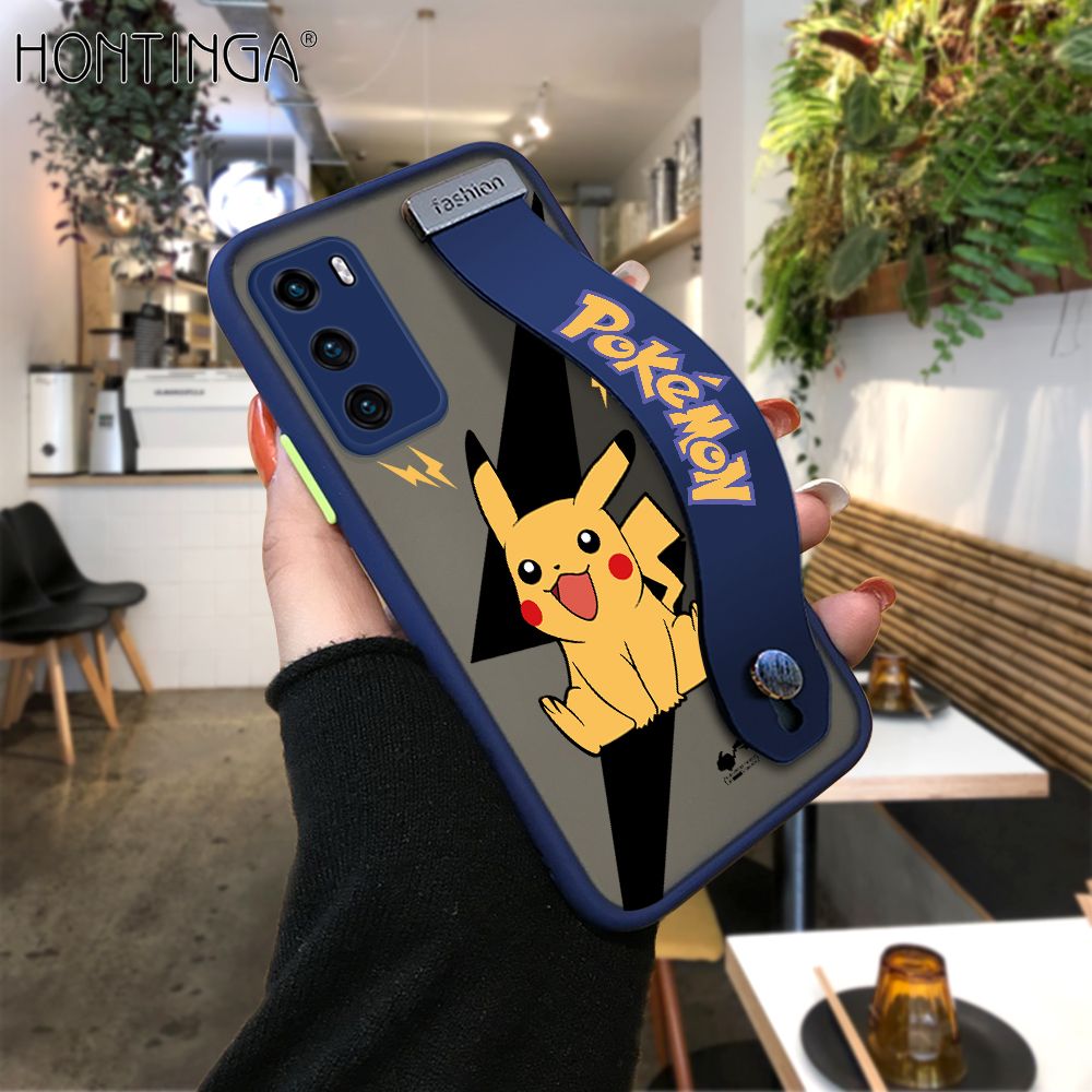 Hontinga for Huawei P40 Back Cover With Wristband Cartoon Pikachu Phone Casee Full Lens Protection Thin Frosted Cases