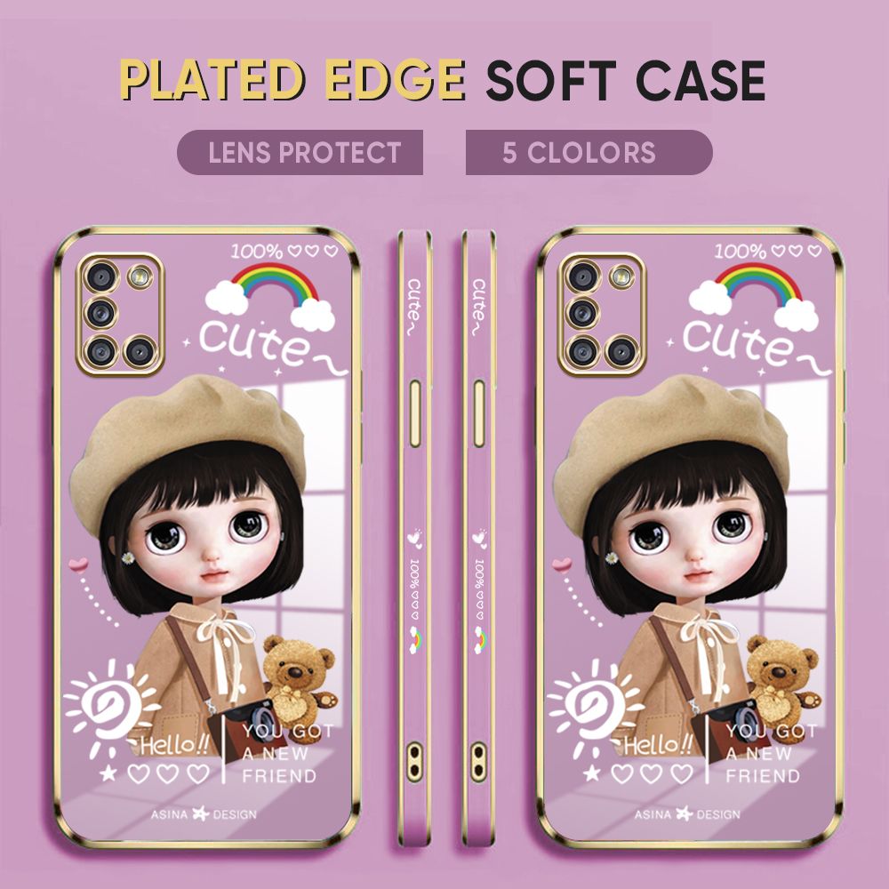 Luxury 6D Plating Case for Samsung Galaxy A31 4G Back Cover Cute Satchel Girl Side Pattern Soft Silicone Square Phone Cases