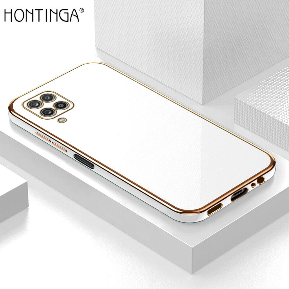 Hontinga for Samsung Galaxy A12 5G / 4G / M12 Case + Free Lanyard Luxury 6D Plating Soft Back Cover Silicone Square Frame Shiny Bling Phone Cover