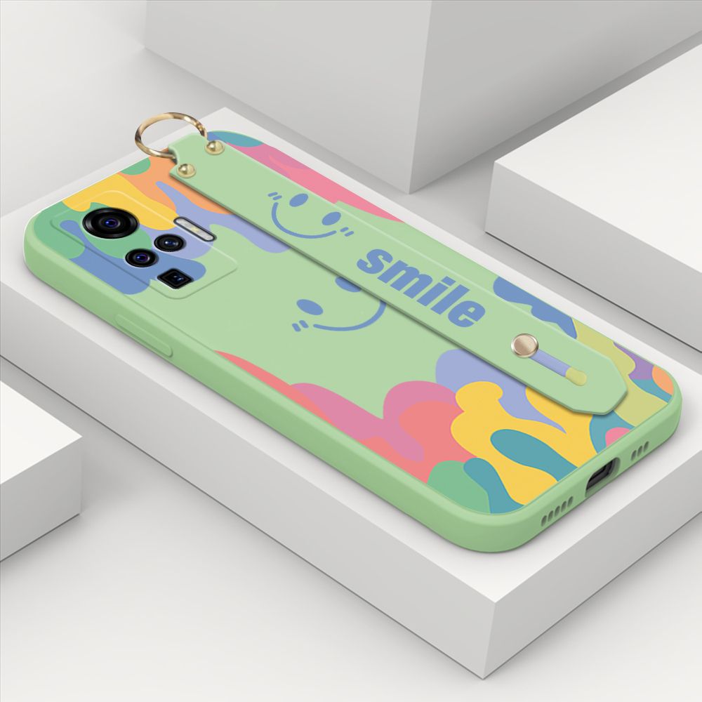 ZeroQiQi for Vivo X50 Pro 5G Wrist Strap Case Soft Candy Color Splash Ink Cover Trend Square Printed Pattern Liquid Silicone Phone Case