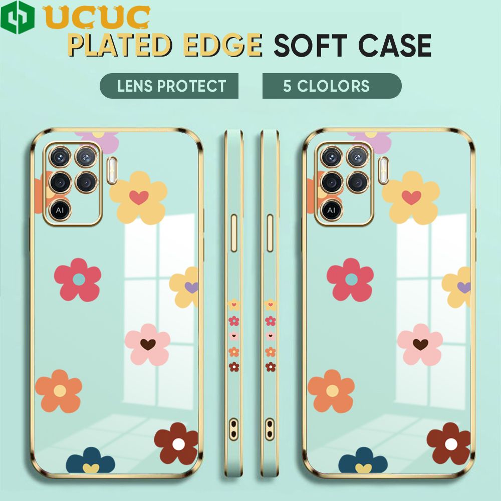 UCUC for OPPO F19 Pro / A94 4G / Reno 5 Lite / Reno5 F Back Cover + Free Lanyard INS Style Flower Luxury 6D Plating Case Side Pattern Soft Silicone Square Phone Cases