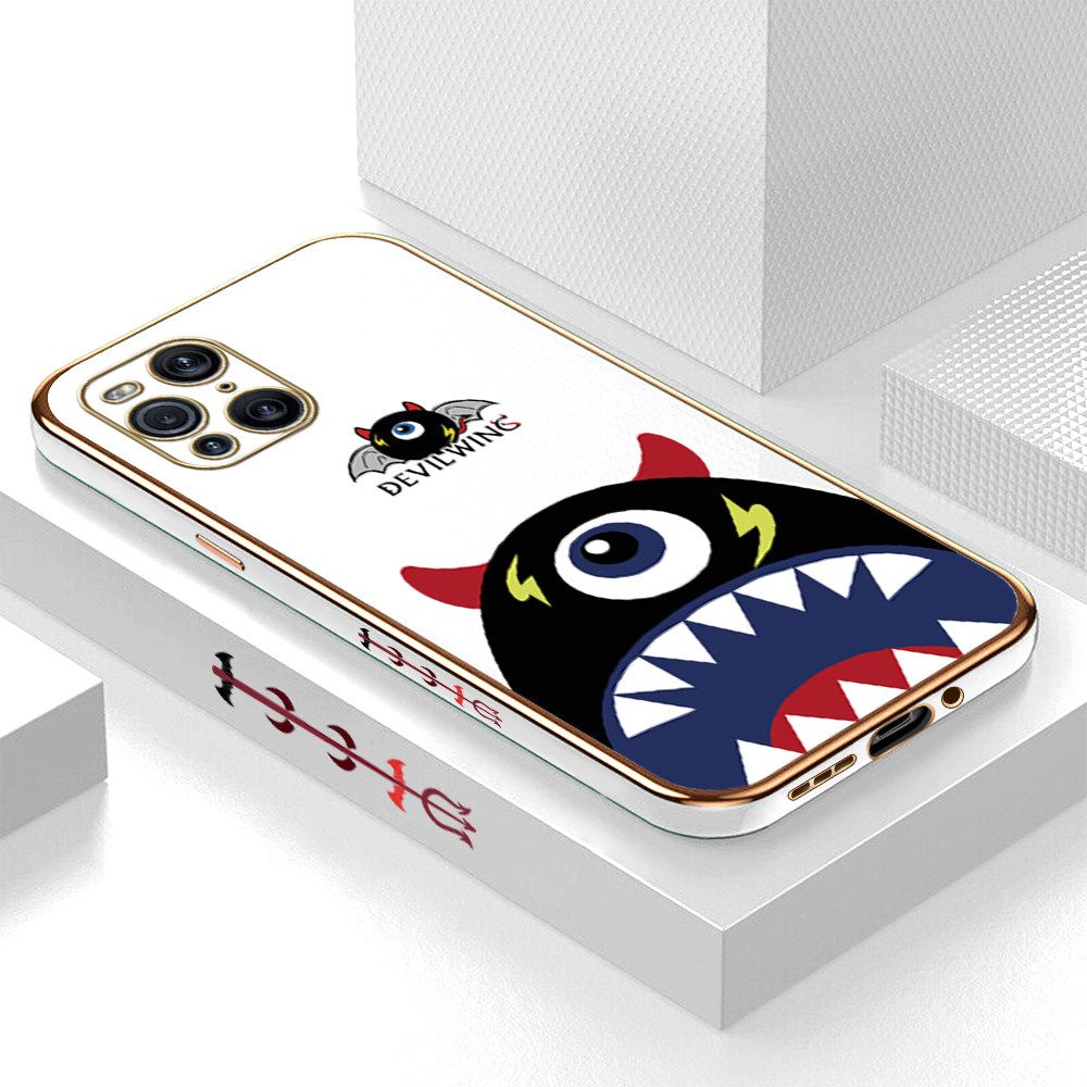 Luxury 6D Plating Case for OPPO Find X3 Pro Cartoon One-eyed Devil Wing Side Pattern Back Cover Soft Silicone Square Frame Shiny Bling Phone Cases + Free Lanyard