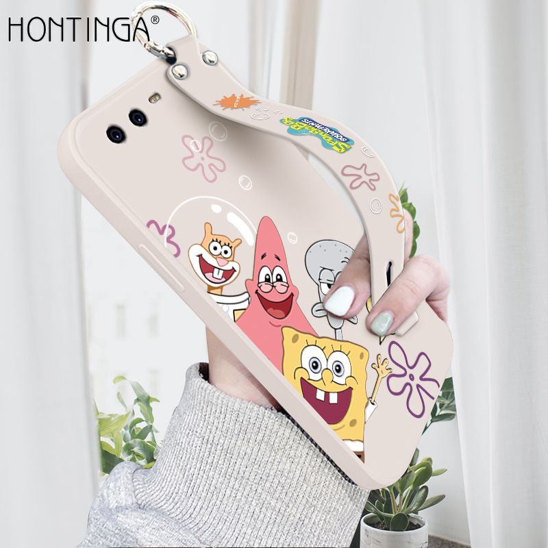 Hontinga for Huawei P10 Wrist Strap Case Cute Cute Funny Cartoon Sponge for Square Pants Cover Square Edge Liquid Silicone Anti-drop Phone Case